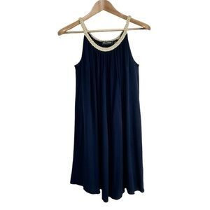 Nina Leonard Tunic Dress Lined Gold Rope Strap Boho Hippic Chic Gauze Black Sz L